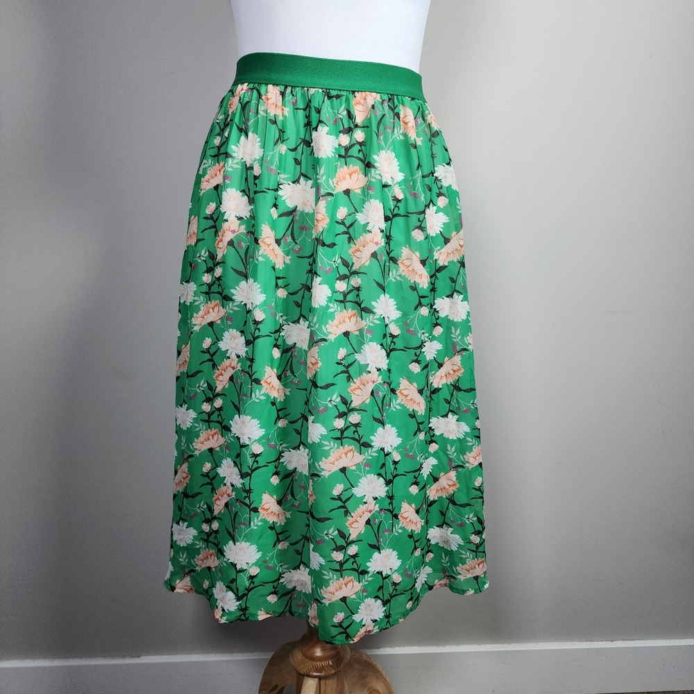 Old Navy Pleated Midi Skirt Womens XS Kelly Green‎ Floral Elastic Waist Feminine